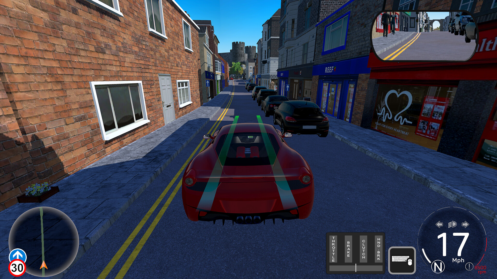 Virtual Driving School gameplay showing a red car navigating a narrow town street.